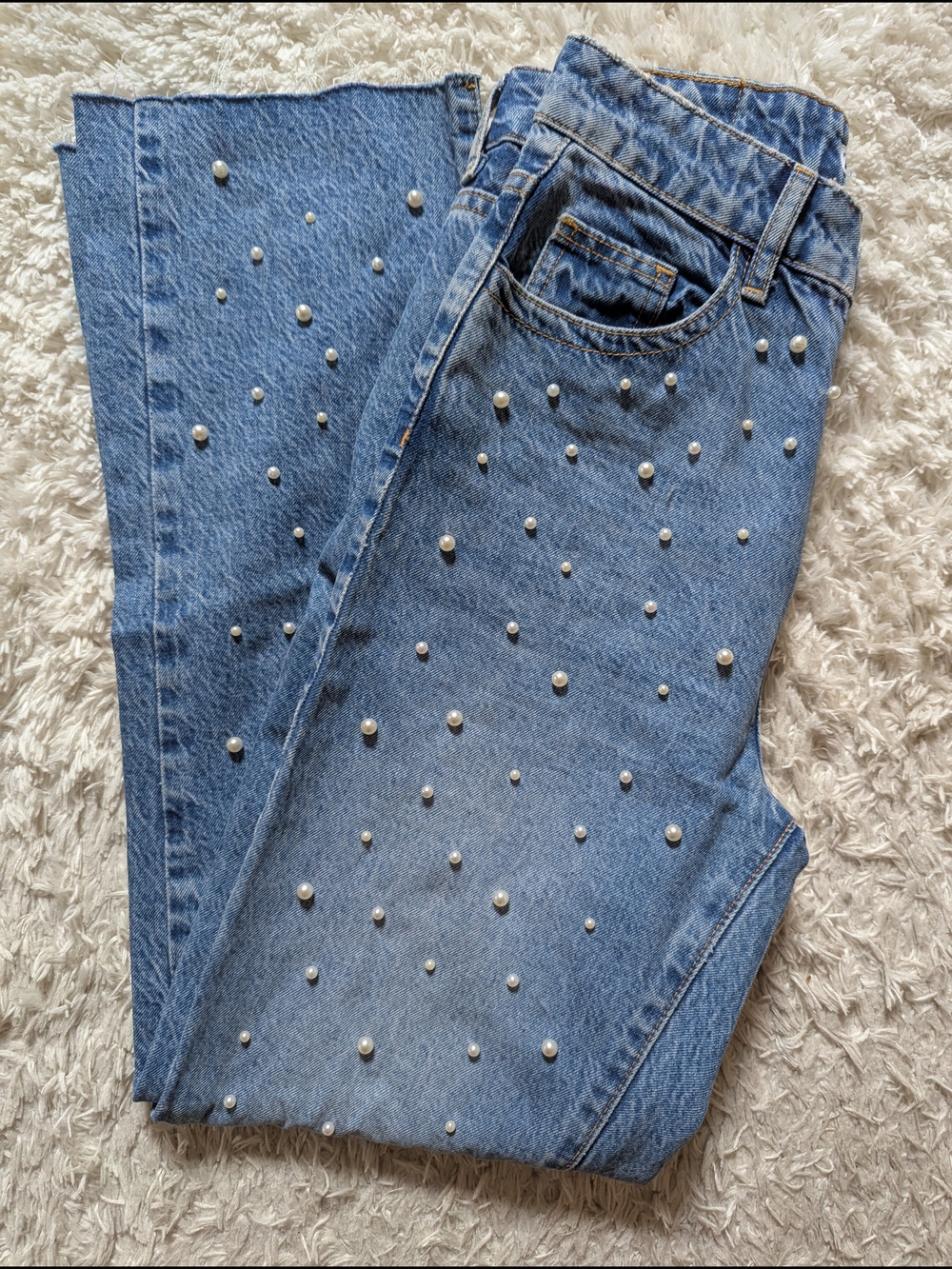 Zara High Waist Blue Pearl-Studded Straight Leg Jeans - Picture 4 of 9